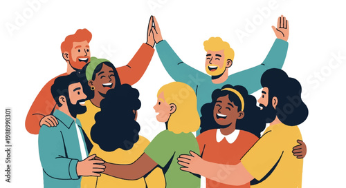 Diverse group of people celebrating together isolated on white background