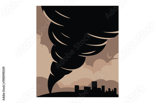 Foto Vector illustration of a large tornado silhouette approaching a city skyline