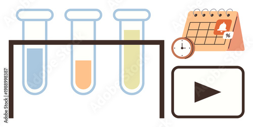 Laboratory experiments, productivity tools, scheduling tasks, time tracking, digital media, and visual concepts. Three test tubes, clock calendar play icon. Laboratory experiments and productivity