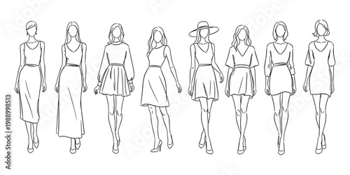 Fashionable line art drawing of women wearing modern dresses and outfits, stylish clothing collection.