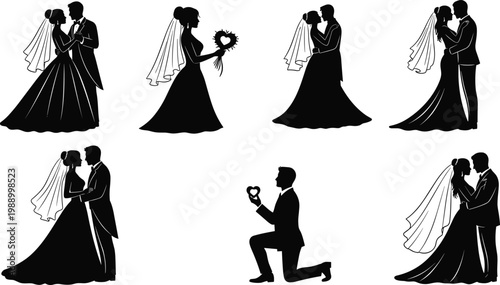 Silhouettes of wedding couples, brides and grooms in romantic poses, proposal and embrace.