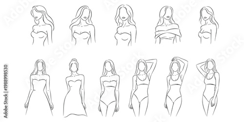 Collection of line art female fashion figures in various poses and outfits for fashion illustration.