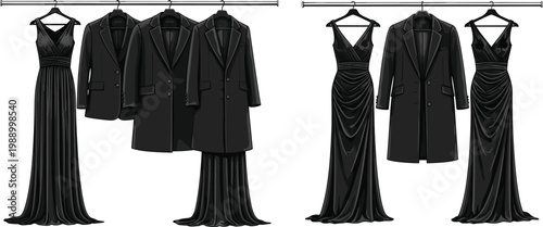 Collection of black elegant evening dresses and formal coats on hangers, fashion display.
