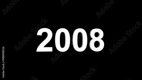 Bright white 3D number 2008 text animation floating against a deep black void offering a vibrant and modern visual for the year with a sense of digital energy. 