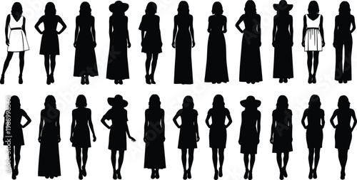 Set of female fashion silhouettes wearing dresses and casual wear in various poses.