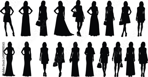 Collection of female silhouettes in elegant dresses and outfits, various poses and accessories.