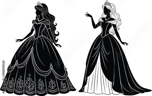 Two princess silhouettes in ornate ball gowns, elegant and regal figures.