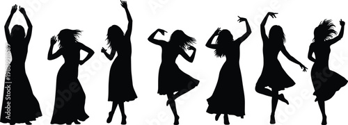 Dynamic silhouettes of women dancing and celebrating in flowing dresses.