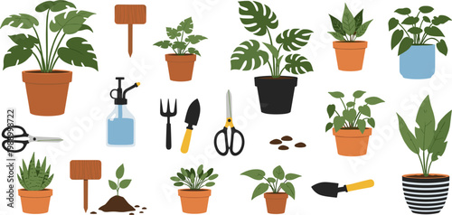 Set of Gardening Tools and Potted Plant Illustrations with Watering Can, Shovel, and Scissors for Home Gardening and Plant Care Projects