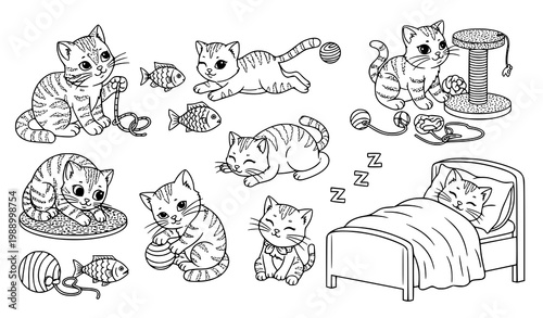 A black and white vector illustration of cats playing and sleeping