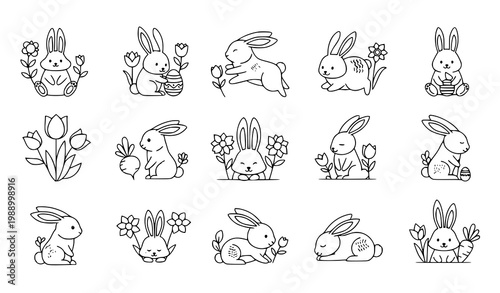 A set of cute Easter bunny illustrations with flowers and eggs