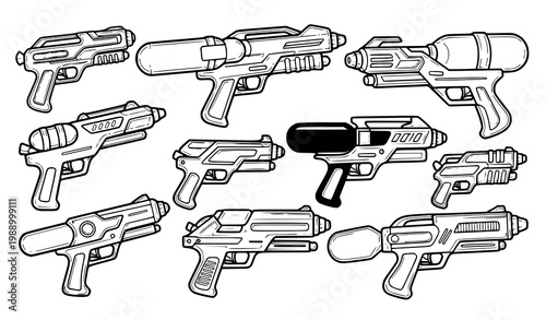 A collection of various futuristic laser guns in a minimalist line art style