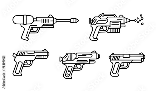 A set of five black and white line art illustrations of various futuristic guns and blasters