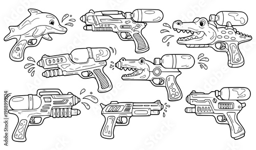 A set of cartoon water guns in a line art style