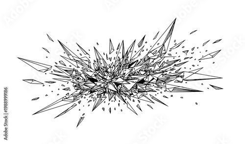 A black and white vector graphic illustration of a shattered explosion
