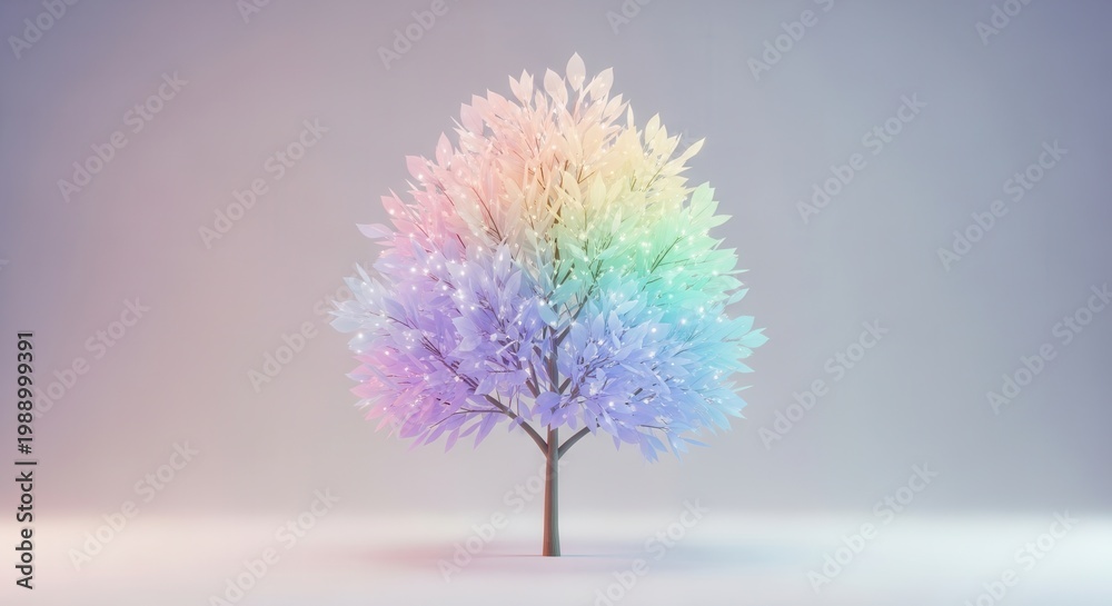 Obraz premium Whimsical pastel rainbow tree glowing with delicate lights in an ethereal setting