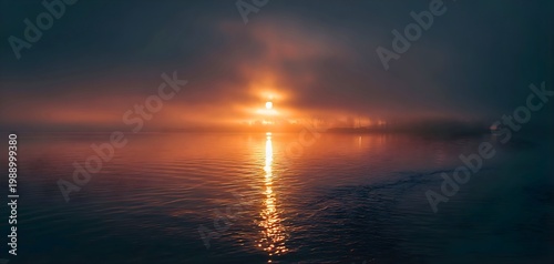Sunset over calm water with vibrant orange reflection on ripples serene atmosphere soft lighting peaceful scene beautiful natural landscape