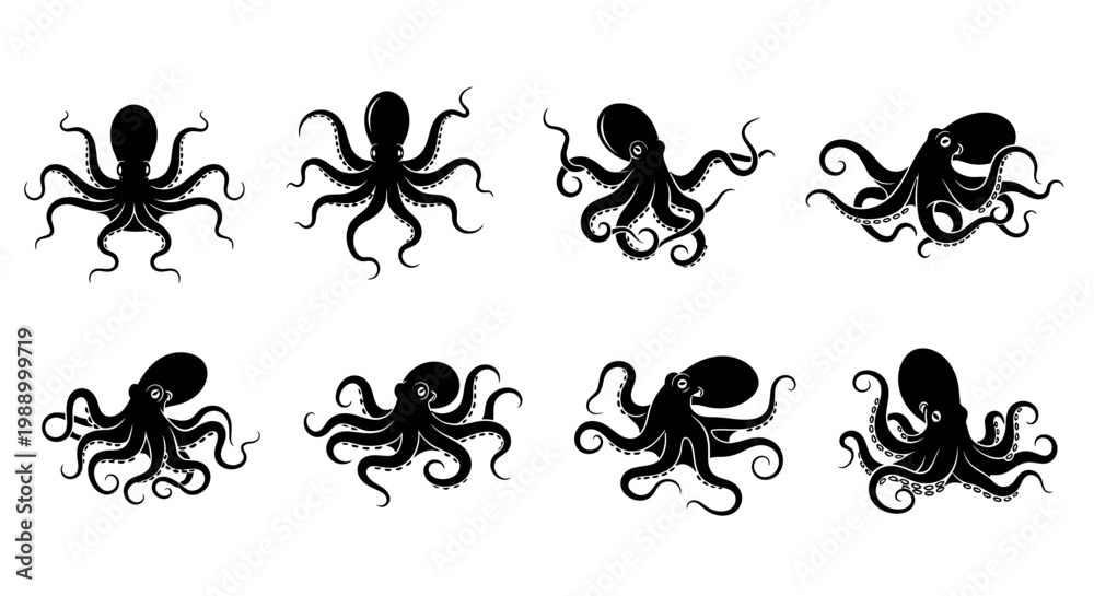 Fototapeta premium A collection of eight distinct octopus illustrations in silhouette form, showcasing diverse poses and movements of the marine cephalopod