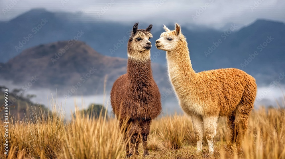 Fototapeta premium Two Alpacas in Misty Mountain Field Facing Each Other amid Golden Grass