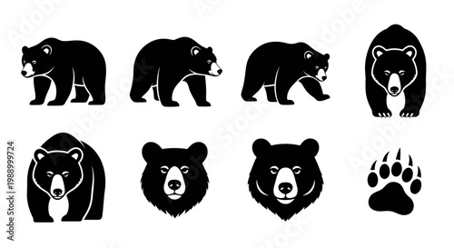 Collection of stylized black bear icons showcasing different poses and expressions, perfect for nature or wildlife themes