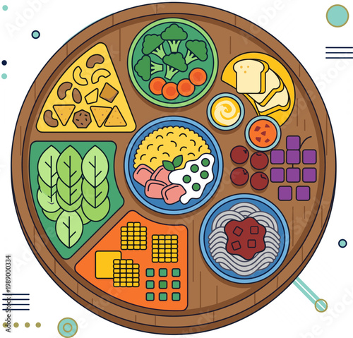 A visually appealing and healthy food platter featuring a variety of fresh ingredients arranged in a circular pattern, perfect for healthy eating and culinary presentations