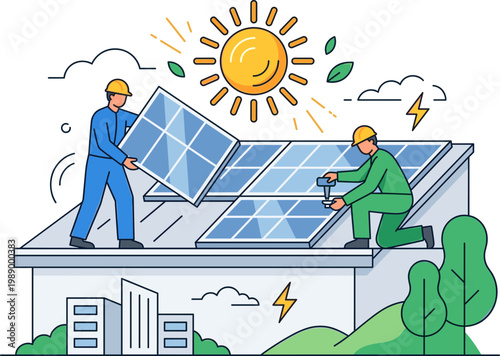 Dedicated team installing solar panels on a rooftop, symbolizing the critical shift towards sustainable renewable energy and promoting a cleaner, greener environment