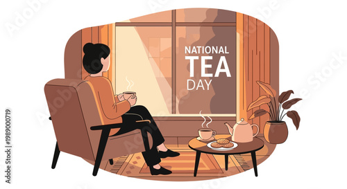 A vector illustration features a relaxed figure enjoying a steaming cup near a window displaying 'National Tea Day', alongside a teapot and biscuits on a table, evoking a cozy British tea