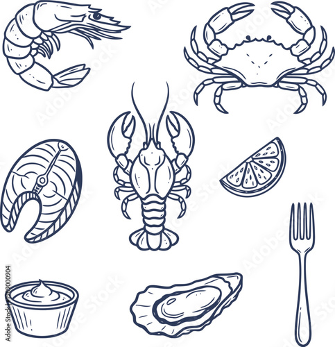 Hand-Drawn Seafood Collection Icons Set with Shrimp, Crab, Lobster, Oyster, Lemon, and Sauce Vintage Line Art Style