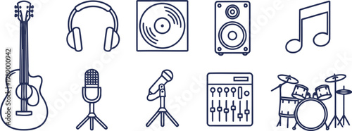 Music Instrument and Audio Equipment Line Icon Set with Guitar, Headphones, Microphone, Speakers, and Drums