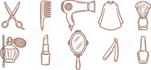 Hand Drawn Barber and Hair Salon Tools Icon Set with Scissors, Comb, Hairdryer, Mirror, Razor, and Brush