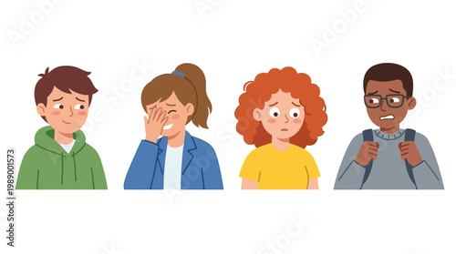 Four diverse young people showing expressions of shyness, embarrassment, and anxiety.