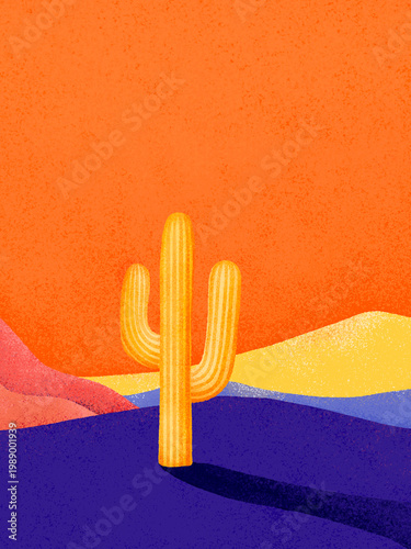 Desert landscape with saguaro cactus at sunset