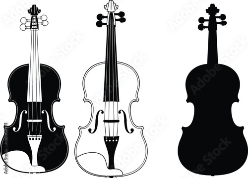 Set of violins on a transparent background, black and white musical instruments.