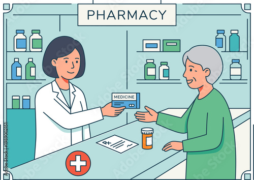 A compassionate pharmacist dispenses essential medication to an elderly customer, depicting a positive healthcare interaction and dedicated customer service experience in a community pharmacy