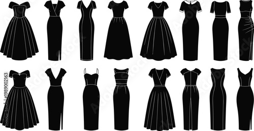 Assortment of elegant black dresses for women evening cocktail and formal wear styles.