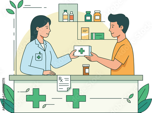 Dedicated pharmacist providing essential medication and professional healthcare guidance to a customer, fostering a sense of trust and well-being in the community