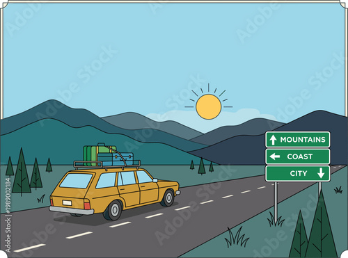 Classic Yellow Station Wagon Embarks on an Epic Road Trip Through Scenic Mountains, Symbolizing Freedom and the Spirit of Adventure and Exploration in Nature