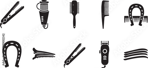 Collection of professional hairstylist tools and accessories for grooming and styling.