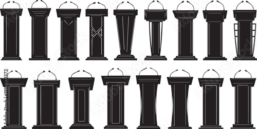 Set of podiums and lecterns for public speaking and presentations in various designs.