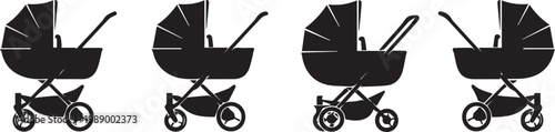 Various baby strollers and prams in different designs and styles for infant transport.