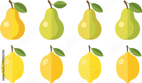 Set of Pear and Lemon Illustrations in Various Stages and Cut Views for Healthy Food, Nutrition, and Fresh Design Projects