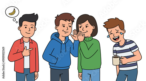 Four young friends playing a game of telephone or Chinese whispers, with one thinking of a banana and another laughing hysterically.