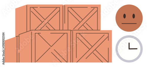 Logistics, time tracking, warehouse management, supply chain, shipping, delivery planning. Wooden crates stacked together beside a clock and neutral face. Logistics and time tracking concepts