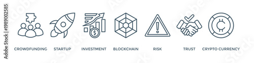 ICO banner web icon vector illustration concept of initial coin offering with icon of crowdfunding, startup, investment, blockchain, risk, trust and cypto currency
