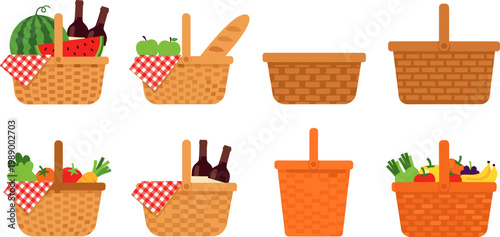Set of Picnic Basket Illustrations with Fresh Produce, Wine, and Bread for Outdoor, Summer, and Food Design Projects