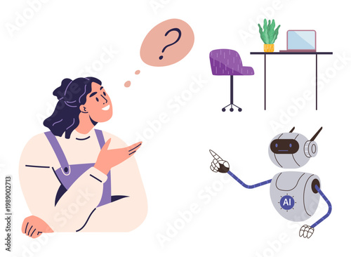 Artificial intelligence, decision-making, work environment, collaboration, technology, problem-solving. Woman contemplating and robot gesturing toward a desk setup. Artificial intelligence
