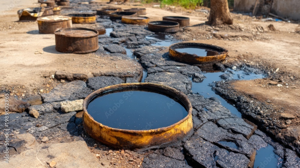 Fototapeta premium Dark Liquid Pools on Tannery Waste Site Surrounded by Asphalt and Nature