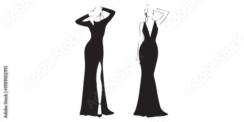 Elegant women wearing evening gowns standing.