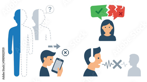Illustrations depicting communication barriers, digital device influence, identity perception, and social interaction challenges.