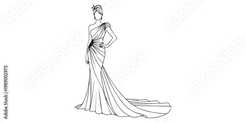 Woman in elegant gown with train.